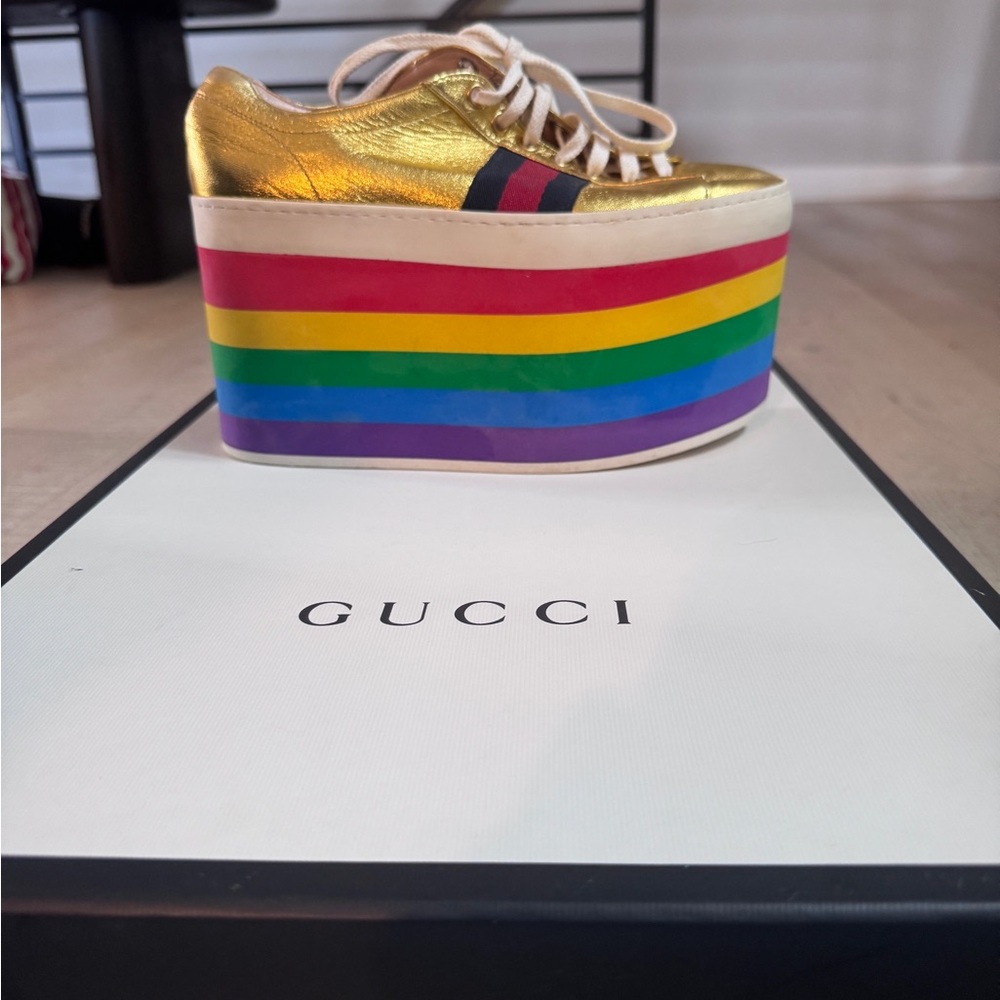 Gucci Gold Sneakers with Multicolor Platform